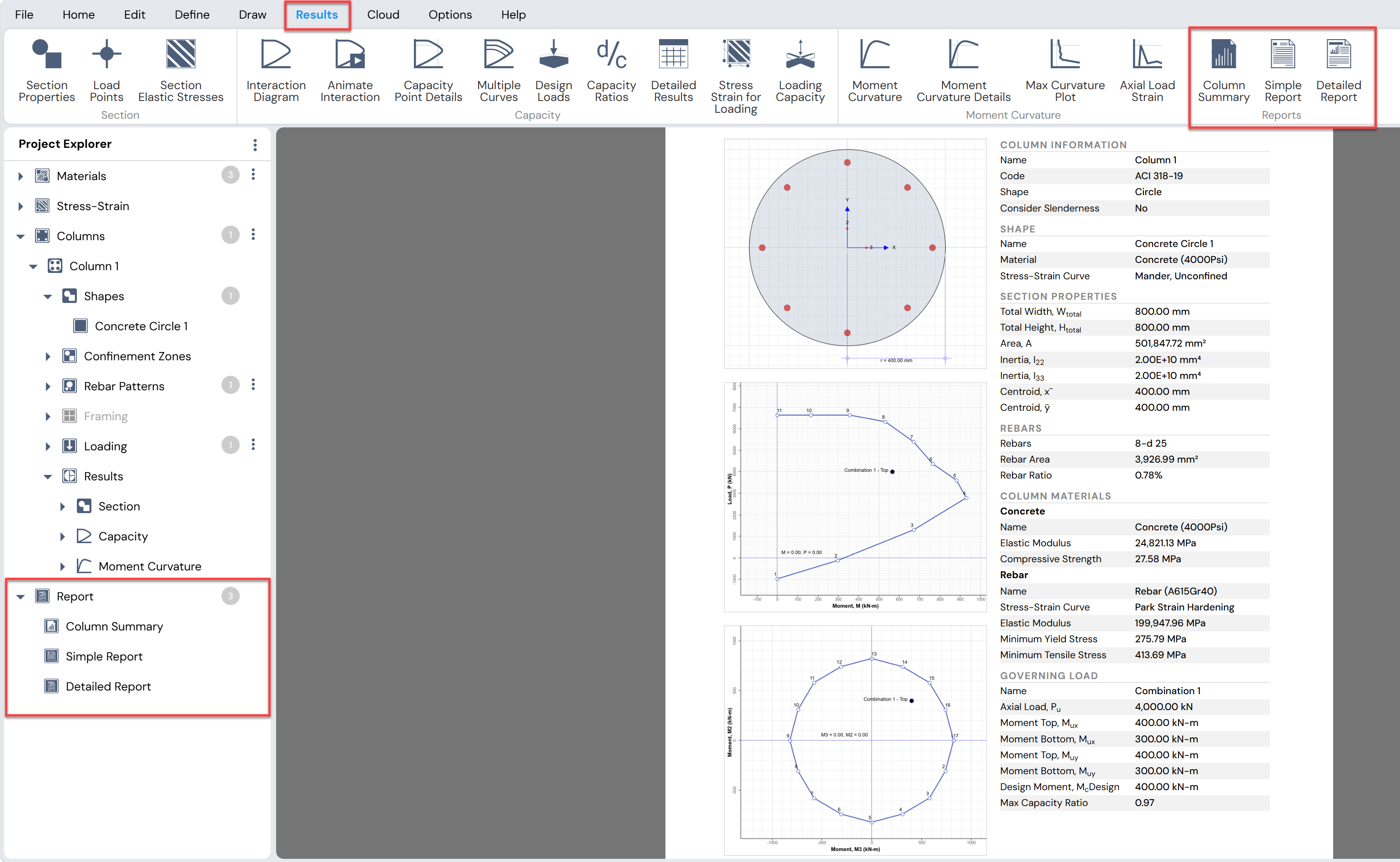 Various reports generated in Column Designer