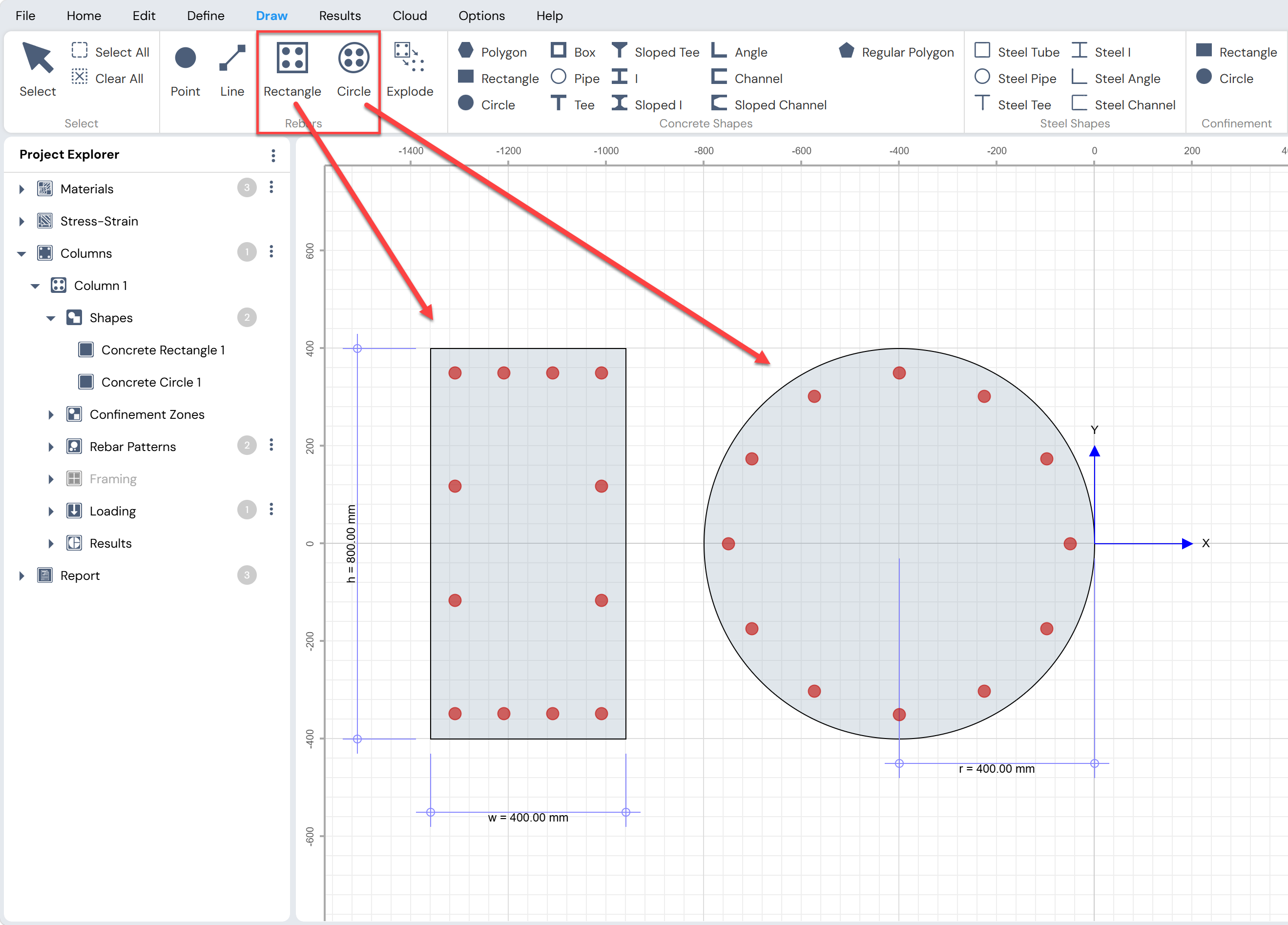 Rectangular and Circular rebar pattern options