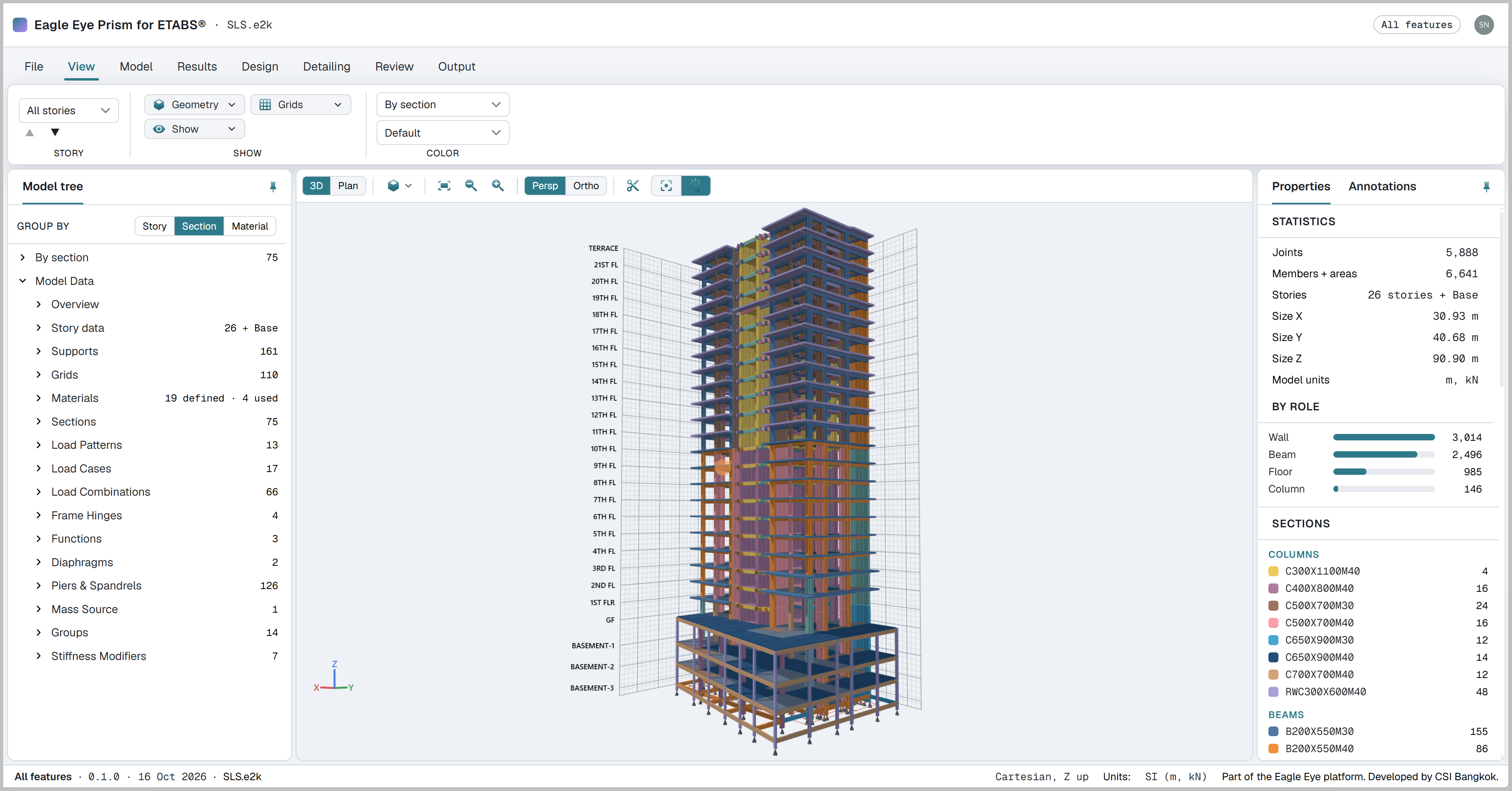 An ETABS model open in the Prism viewer